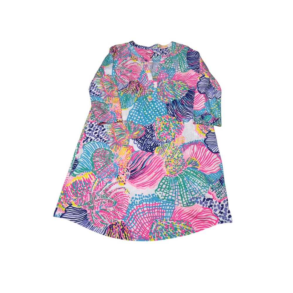 Lilly Pulitzer Pima Dress Womens S Multicolor Shell Print V-Neck 3/4 Sleeve